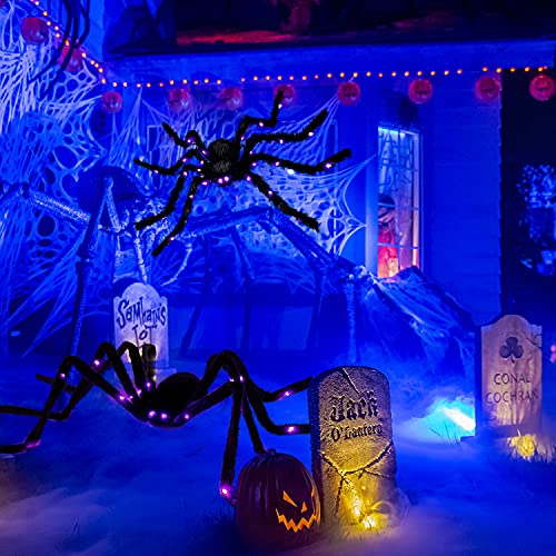 Halloween Decorations 4ft Giant Spider and 20sqft Spider Web Outdoor/Indoor Plush Spider 26 Purple Lights Scary Spiders for Spider Web,Yard,Party,Haunted House Decor