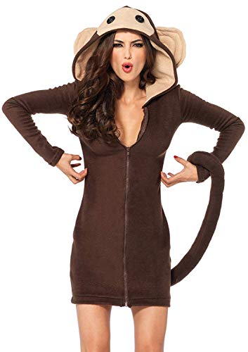 Leg Avenue Womens Cozy Monkey Hooded fleece Dress with Tail - Cute Halloween Onesie for Women Adult Sized Costumes, Brown, Small US