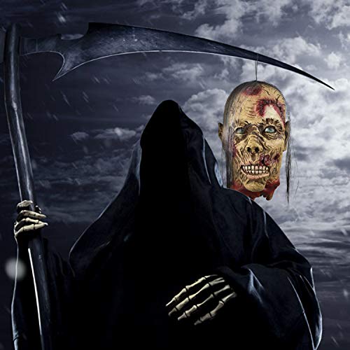 MOLEZU Cut Off Head Prop, Halloween Scary Realistic Hanging Severed Bloody Head with wig, Old Lady (A)