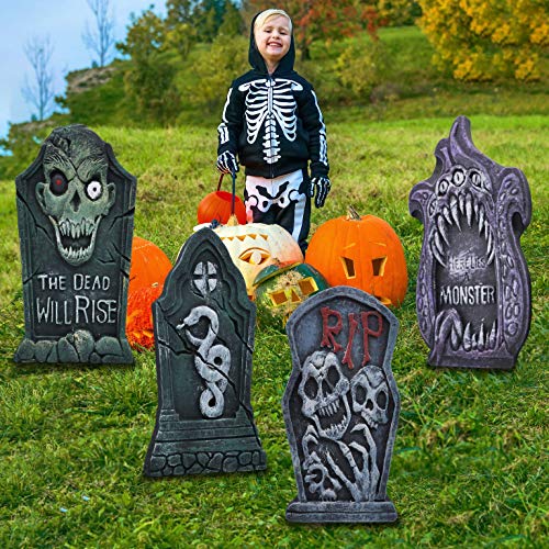 JOYIN 17” Halloween Foam Graveyard Tombstone Yard Decorations(6 Pack), RIP Headstone with Different Styles and Bonus Metal Stakes for Halloween Yard Outdoor Indoor Decorations