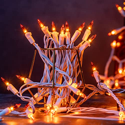YULETIME Orange Christmas Lights with White Wire, 66 Feet 200 Count UL Certified String Lights, Pack of 2 Sets 33 Ft 100 Count Amber Incandescent Mini Light Set (Orange)