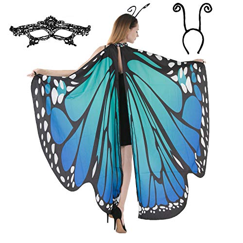Blue Butterfly Wing Cape Shawl with Mask and Antenna