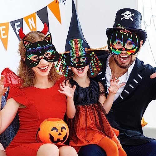 Max Fun 36PCS Halloween Rainbow Scratch Mask, Art Craft Kit for Kids Birthday Cosplay Classroom Decoration, Magic Scratch Paper Halloween Party Favor Supplies Bat Witch Pumpkin Zombie Pirate Skull