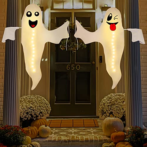 2PCS Geefuun Halloween Ghost Lighted Hanging Decoration Outdoor Decor - Hallowmas Tree Hugger Friendly Spooky Party Supplies (Batteries Not Included)