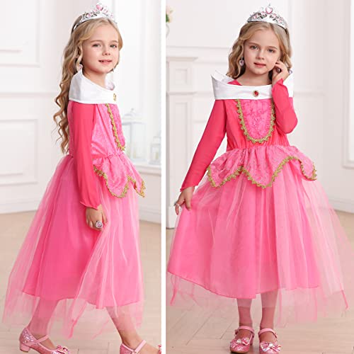 iTVTi Girls Princess Dress Up Halloween Party Costume with Crown Wand Earrings Ring, Pink, 3-4 Years (Label 110)