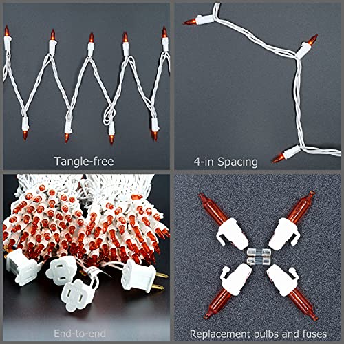 YULETIME Orange Christmas Lights with White Wire, 66 Feet 200 Count UL Certified String Lights, Pack of 2 Sets 33 Ft 100 Count Amber Incandescent Mini Light Set (Orange)
