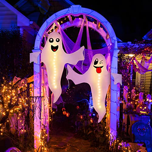 2PCS Geefuun Halloween Ghost Lighted Hanging Decoration Outdoor Decor - Hallowmas Tree Hugger Friendly Spooky Party Supplies (Batteries Not Included)