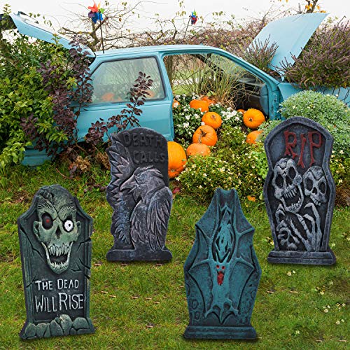 JOYIN 17” Halloween Foam Graveyard Tombstone Yard Decorations(6 Pack), RIP Headstone with Different Styles and Bonus Metal Stakes for Halloween Yard Outdoor Indoor Decorations