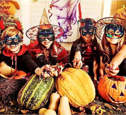 Max Fun 36PCS Halloween Rainbow Scratch Mask, Art Craft Kit for Kids Birthday Cosplay Classroom Decoration, Magic Scratch Paper Halloween Party Favor Supplies Bat Witch Pumpkin Zombie Pirate Skull