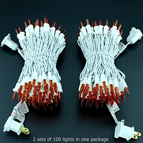 YULETIME Orange Christmas Lights with White Wire, 66 Feet 200 Count UL Certified String Lights, Pack of 2 Sets 33 Ft 100 Count Amber Incandescent Mini Light Set (Orange)