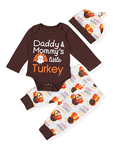 oklady Baby Thanksgiving Outfit Newborn Boy Girl Letter Print Romper Turkey Print Pant With Hat Clothes set(3-6 Months)