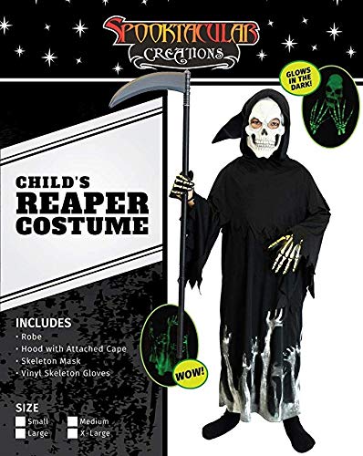 Spooktacular Creations Kids Grim Reaper Glow in the Dark Deluxe Phantom Costume, Halloween Grim Reaper Costume for Party-XL(12-14yr)