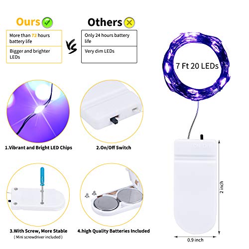 Halloween Purple Fairy String Lights: 12 Pack 7Ft 20 Led Battery Operated Firefly Lights on Black Wire Starry Moon Lights for DIY Party Bedroom Patio