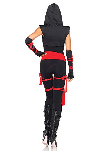 Leg Avenue 4 Piece Deadly Ninja Set – Hooded V Neck Jumpsuit and Mask Halloween Costume for Women, Black/Red, Small