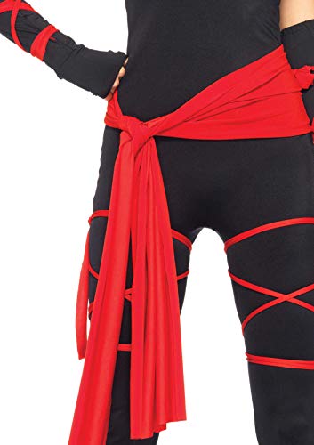 Leg Avenue 4 Piece Deadly Ninja Set – Hooded V Neck Jumpsuit and Mask Halloween Costume for Women, Black/Red, Small