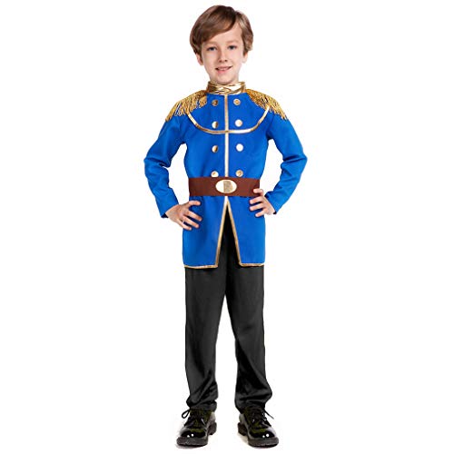 FREE BEAUTY Blue Boys Prince Charming Costume-Kids Halloween Christmas Party Cosplay Prince Costumes with Belt (L)
