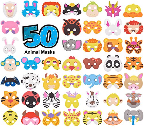 PREXTEX 50 Piece Assorted Foam Animal Face Mask for Kids - Masquerade Mask, Purim Masks, Halloween Masks, Dress-Up Party Favors | Farm Jungle Zoo Safari Animals Theme Birthday Decorations Kid Mask