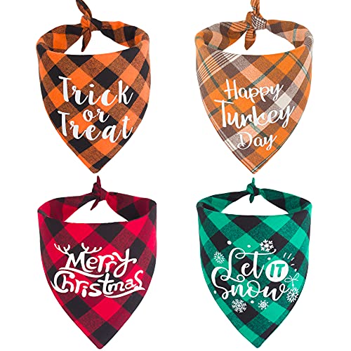 ADOGGYGO 4 Pack Plaid Holiday Dog Bandana, Halloween Thanksgivng Christmas Dog Bandana Scarf Kerchief Christmas Thanksgivng Halloween Bandana for Medium Large Dogs (Large, Style 1)