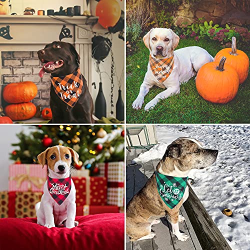ADOGGYGO 4 Pack Plaid Holiday Dog Bandana, Halloween Thanksgivng Christmas Dog Bandana Scarf Kerchief Christmas Thanksgivng Halloween Bandana for Medium Large Dogs (Large, Style 1)