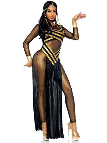 Leg Avenue S 3 Piece Nile Queen Catsuit Costume Set-Sexy Egyptian Halloween Dress Bodysuit with Headpiece for Women, Gold/Black, Small