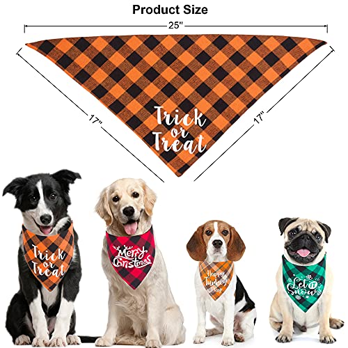 ADOGGYGO 4 Pack Plaid Holiday Dog Bandana, Halloween Thanksgivng Christmas Dog Bandana Scarf Kerchief Christmas Thanksgivng Halloween Bandana for Medium Large Dogs (Large, Style 1)