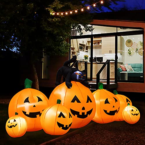 joybest Halloween Inflatable Decoration 8 FT Long Inflatable 7 Pumpkins Patch Lanterns with Black Cat with Build-in LEDs Blow Up Inflatables for Thanksgiving Party Outdoor Garden Lawn Yard Deco