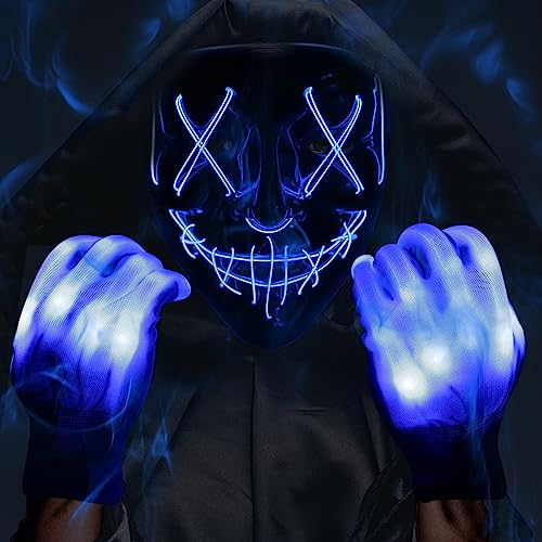 Max Fun Halloween Mask Glowing Gloves Led Light up Masks for Halloween Costume Cosplay Party Led Light Up Scary Masks with 3 Lighting Modes Hacker Cosplay Lighted Face Masks for Halloween Parties Masquerade Party(Blue)