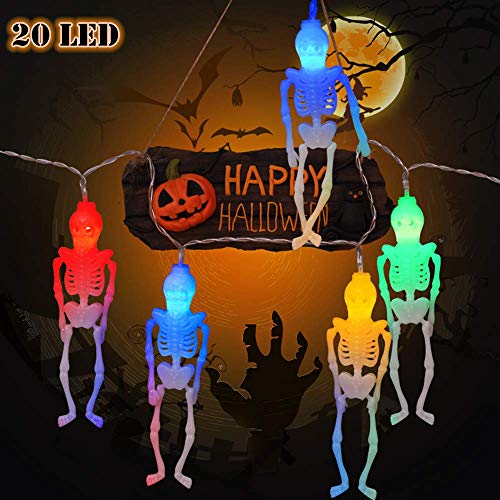 AODINI Halloween Lights, 20 LED Skeleton Skull String Lights, Holiday Lights for Halloween Decor, 2 Modes Steady/Flickering Lights (20 Skeleton Skull -13 feet)
