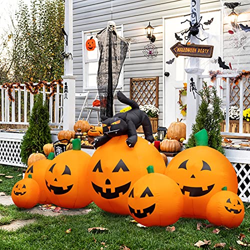 joybest Halloween Inflatable Decoration 8 FT Long Inflatable 7 Pumpkins Patch Lanterns with Black Cat with Build-in LEDs Blow Up Inflatables for Thanksgiving Party Outdoor Garden Lawn Yard Deco