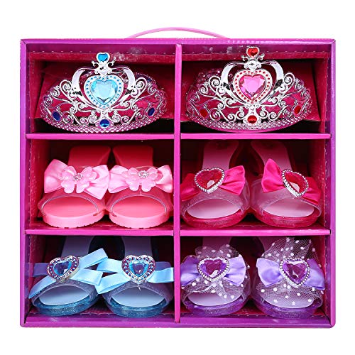 Hapgo Princess Dress Up Shoes Pretend Jewelry Boutique Fashion Accessories, Includes 4 Pairs of Shoes 2 Tiaras 2 Necklaces and Earrings for Toddler Girls Birthday Party Cosplay Costumes