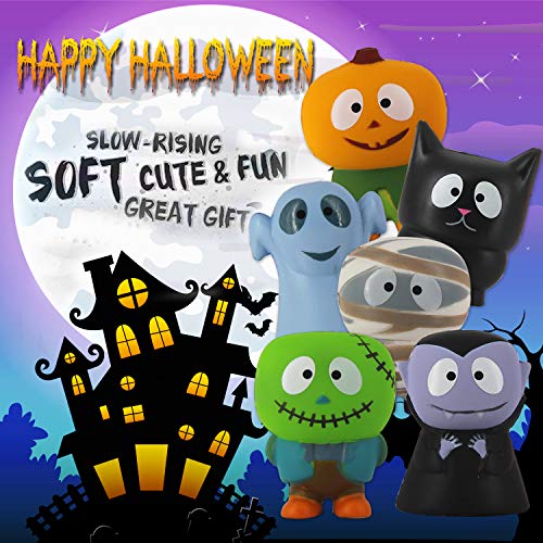 Holiday Squishy Toys Party Favors: Pumpkin, Zombie, Black Cat, Mummy, Vampire Halloween Treat Bag Classroom Prizes for Kids,, Stress Reliever