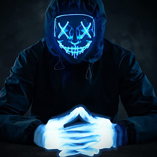 Max Fun Halloween Mask Glowing Gloves Led Light up Masks for Halloween Costume Cosplay Party Led Light Up Scary Masks with 3 Lighting Modes Hacker Cosplay Lighted Face Masks for Halloween Parties Masquerade Party(Blue)