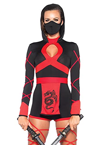 Leg Avenue Women's Standard 3 Pc Dragon Ninja Costume with Romper, Waist Sash, Face Mask, Black/Red, Large