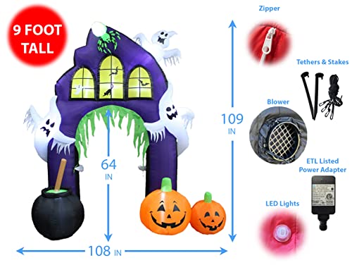 BZB Goods 9 Foot Tall Halloween Inflatable Castle Archway with Pumpkins Spider Ghosts Cauldron LED Lights Decor Outdoor Indoor Holiday Decorations, Lighted Yard Blowup, Lawn Blow Up Home Family Party