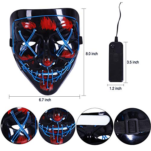 Max Fun Halloween Mask Glowing Gloves Led Light up Masks for Halloween Costume Cosplay Party Led Light Up Scary Masks with 3 Lighting Modes Hacker Cosplay Lighted Face Masks for Halloween Parties Masquerade Party(Blue)