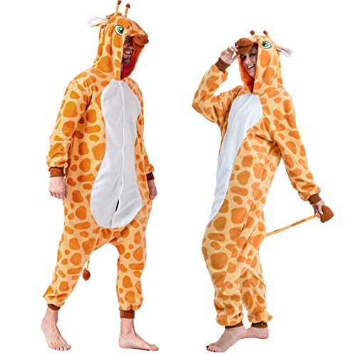 Spooktacular Creations Unisex Adult Giraffe Onesie Pajama Plush Giraffe Costume with Hat and Tail for Dress Up Party Role Playing Themed Parties Halloween Costume (Medium)