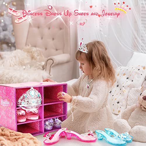 Hapgo Princess Dress Up Shoes Pretend Jewelry Boutique Fashion Accessories, Includes 4 Pairs of Shoes 2 Tiaras 2 Necklaces and Earrings for Toddler Girls Birthday Party Cosplay Costumes