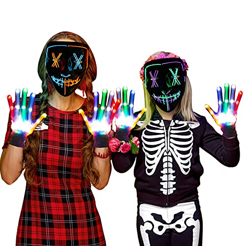 ThinkMax 2 Pack Halloween Purge Masks Led Light Up Masks and Gloves Set for Halloween, Festival Cosplay (Multicolor)