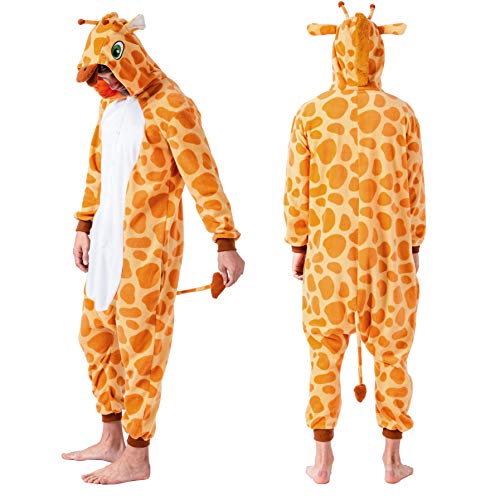 Spooktacular Creations Unisex Adult Giraffe Onesie Pajama Plush Giraffe Costume with Hat and Tail for Dress Up Party Role Playing Themed Parties Halloween Costume (Medium)
