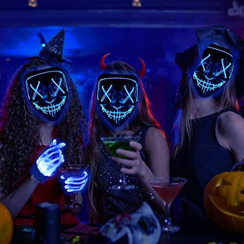 Max Fun Halloween Mask Glowing Gloves Led Light up Masks for Halloween Costume Cosplay Party Led Light Up Scary Masks with 3 Lighting Modes Hacker Cosplay Lighted Face Masks for Halloween Parties Masquerade Party(Blue)