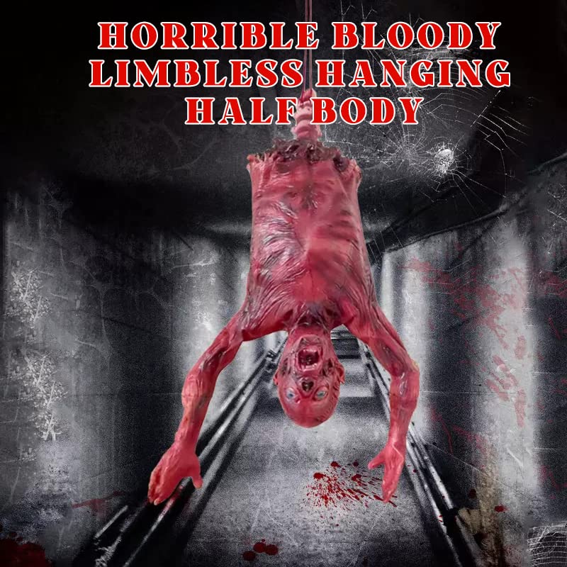 Halford Bloody Half Body, Horrible Limbless Hanging Half Body with Bloody Cut Off Skin for Scary Haunted House Outdoor Decorations Props - Men
