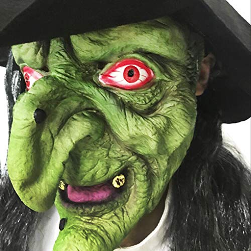 Scary Old Woman Witch Mask with Hair Hat Halloween Cosplay Costume Props Decor