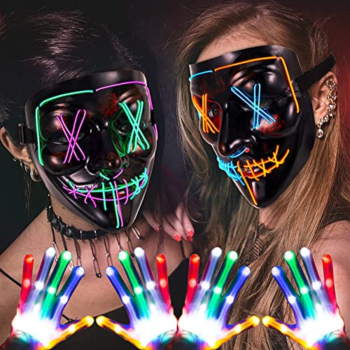 ThinkMax 2 Pack Halloween Purge Masks Led Light Up Masks and Gloves Set for Halloween, Festival Cosplay (Multicolor)