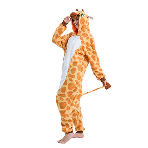Spooktacular Creations Unisex Adult Giraffe Onesie Pajama Plush Giraffe Costume with Hat and Tail for Dress Up Party Role Playing Themed Parties Halloween Costume (Medium)