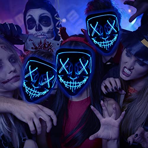 Max Fun Halloween Mask Glowing Gloves Led Light up Masks for Halloween Costume Cosplay Party Led Light Up Scary Masks with 3 Lighting Modes Hacker Cosplay Lighted Face Masks for Halloween Parties Masquerade Party(Blue)