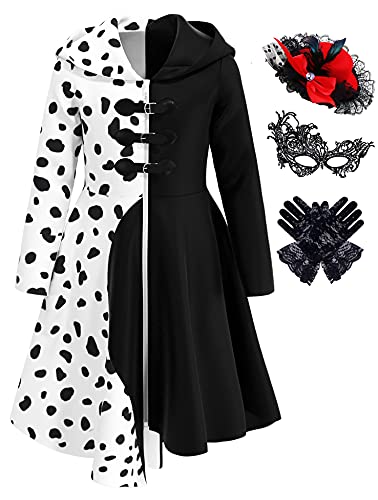 Mecamelon Girls Vintage Cruella Halloween Costume Dress Up Dalmatian Print Outfit (8-9 Years, White)