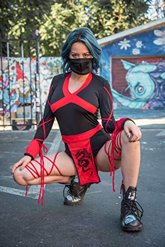 Leg Avenue Women's Standard 3 Pc Dragon Ninja Costume with Romper, Waist Sash, Face Mask, Black/Red, Large
