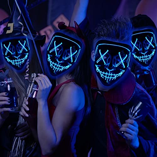 Max Fun Halloween Mask Glowing Gloves Led Light up Masks for Halloween Costume Cosplay Party Led Light Up Scary Masks with 3 Lighting Modes Hacker Cosplay Lighted Face Masks for Halloween Parties Masquerade Party(Blue)