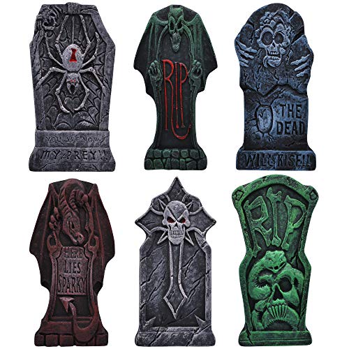 JOYIN 17” Halloween Foam Graveyard Tombstone (6 Pack), Headstone and Bonus Metal Stakes for Halloween Yard Decorations