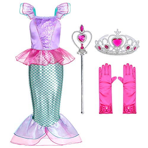 Little Girls Mermaid Princess Costume for Girls Dress Up Party with Gloves,Crown Mace 6-7 Years
